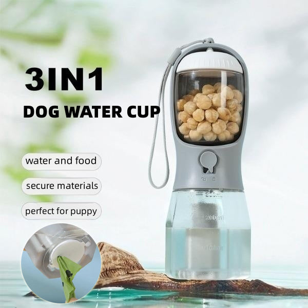 3-in-1 Pet-Flasche mit Wasser, Futter & Müllbeutel