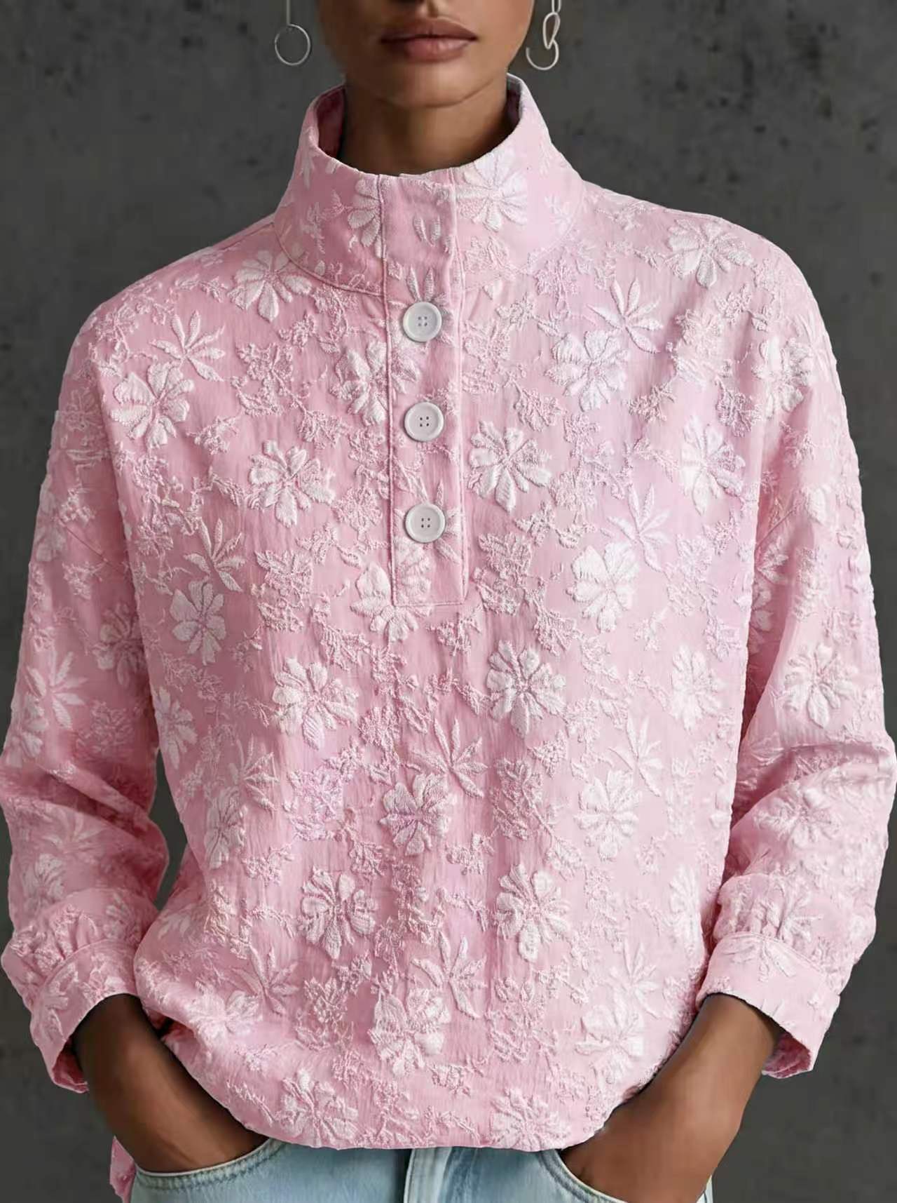Stehkragen Pullover mit halber Knopfleiste