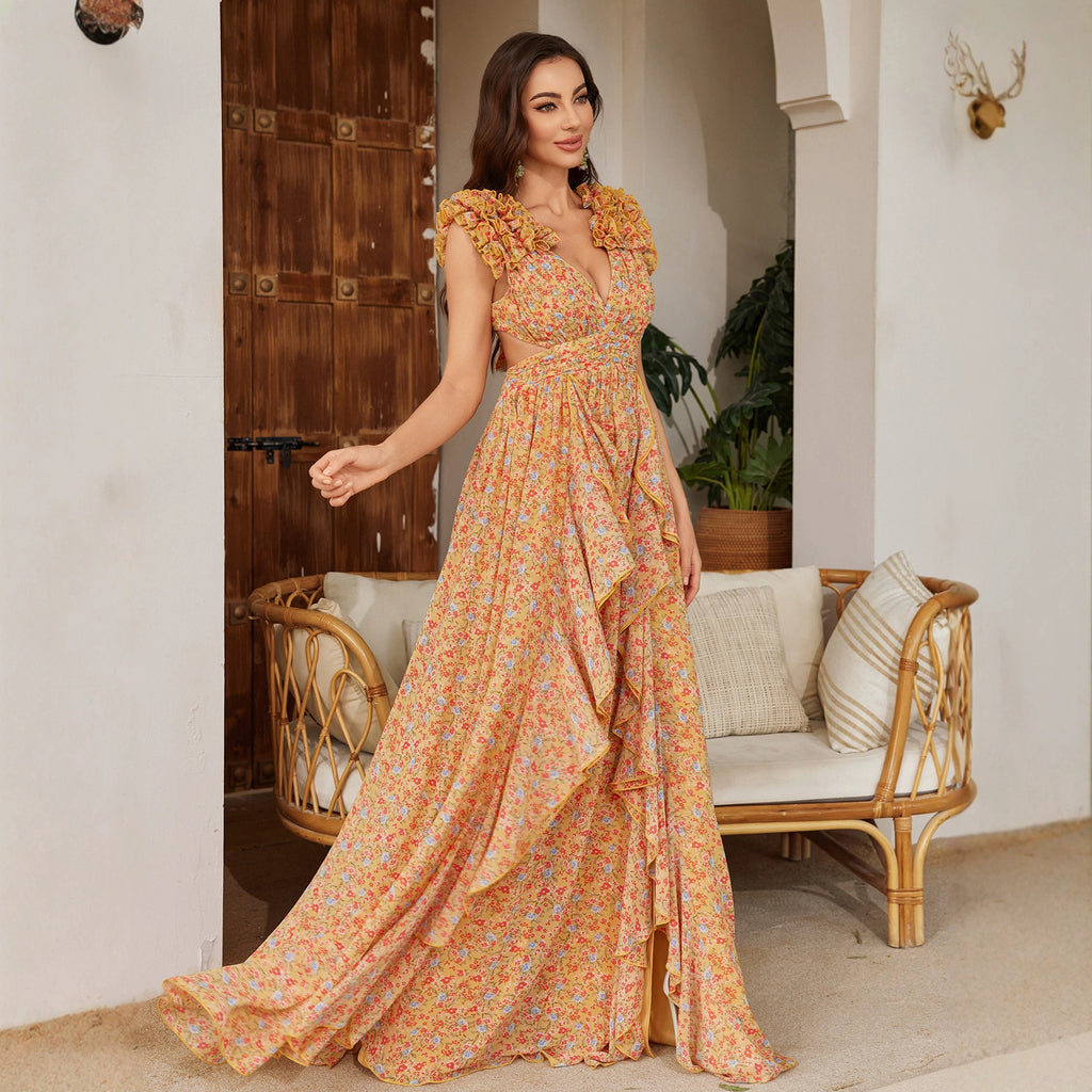 Elegantes Chiffonkleid mit Blumenprint und Spitze | LuxeStyle