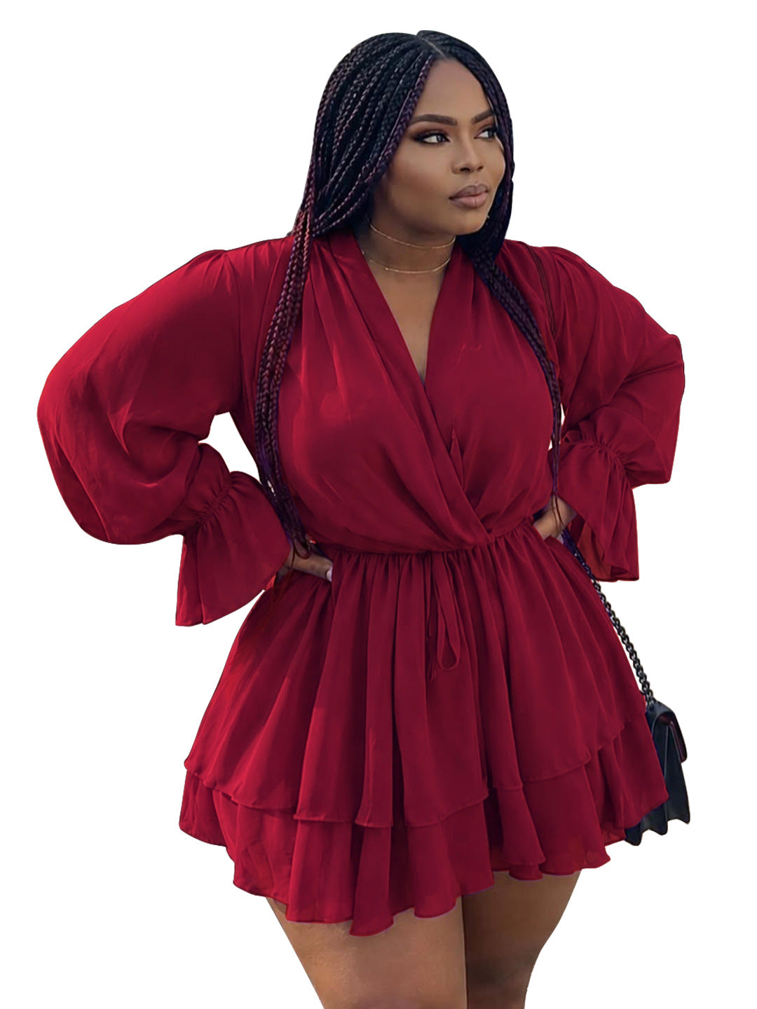 Elegantes V-Neck Langarm-Kleid mit Schnürung