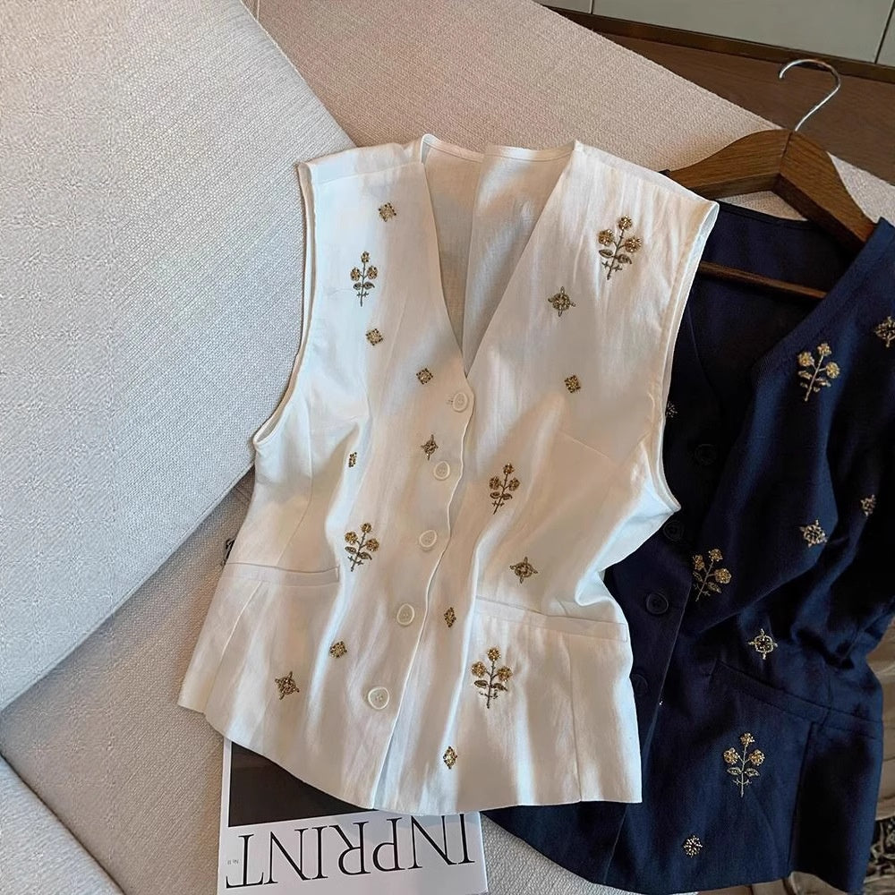 Elegante V-Neck Leinen-Weste