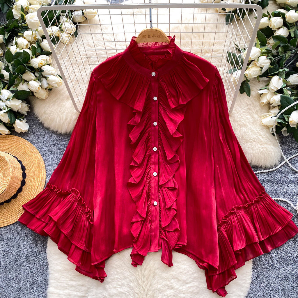 Unifarbene Bluse mit Rüschensaum