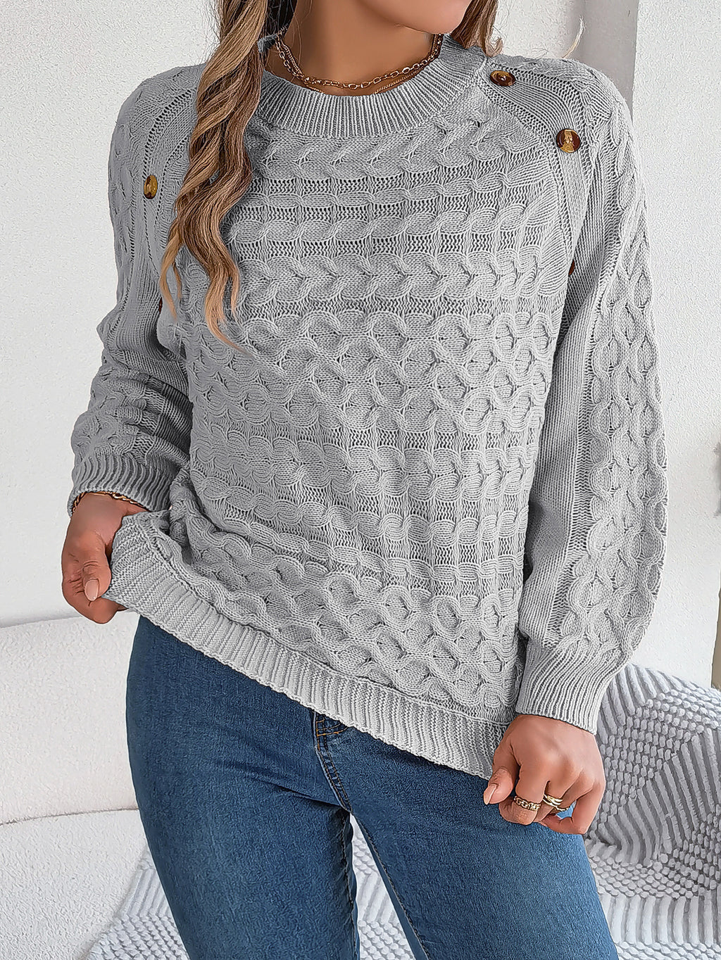 Pullover mit Knopfleiste und Puffärmeln