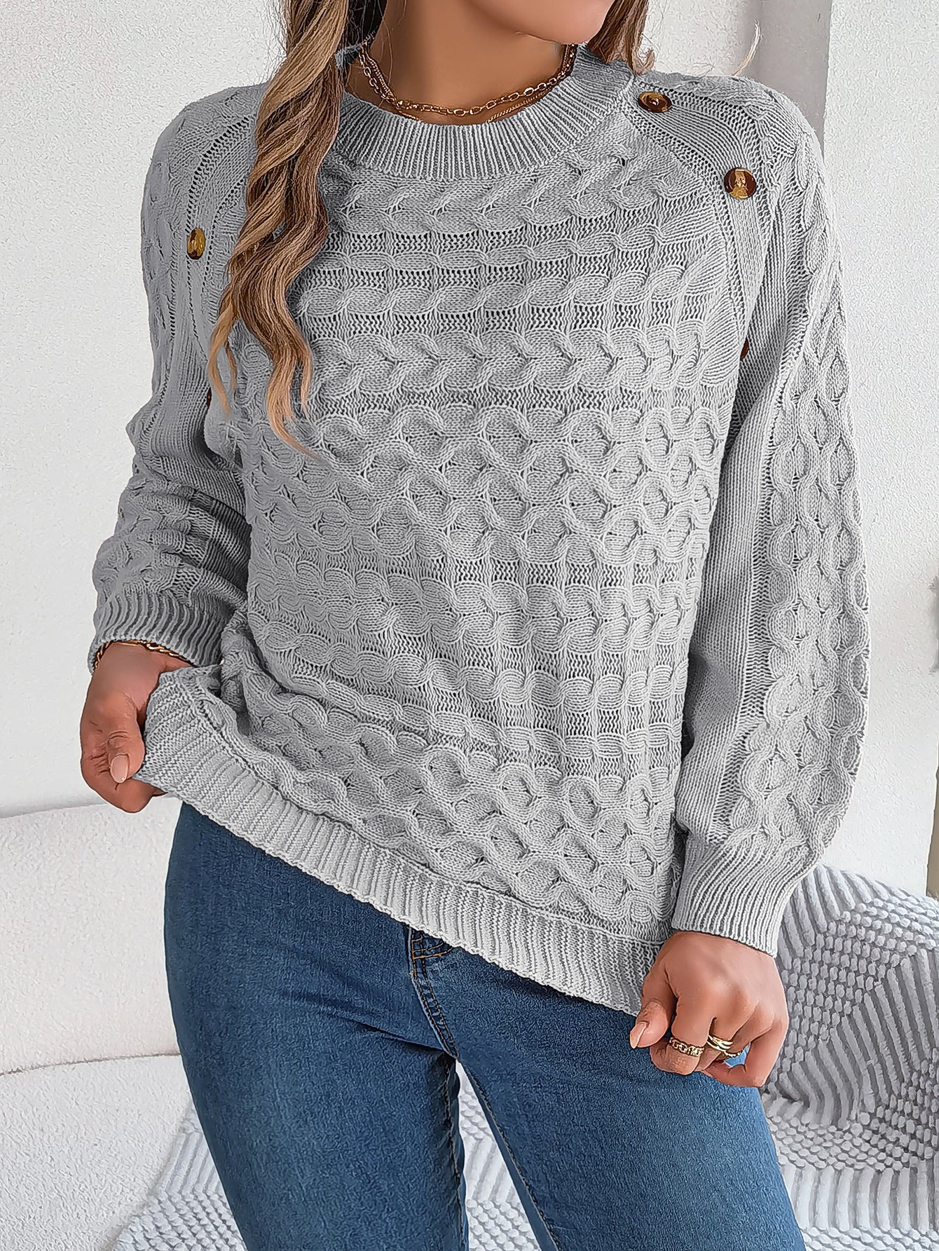 Pullover mit Knopfleiste und Puffärmeln