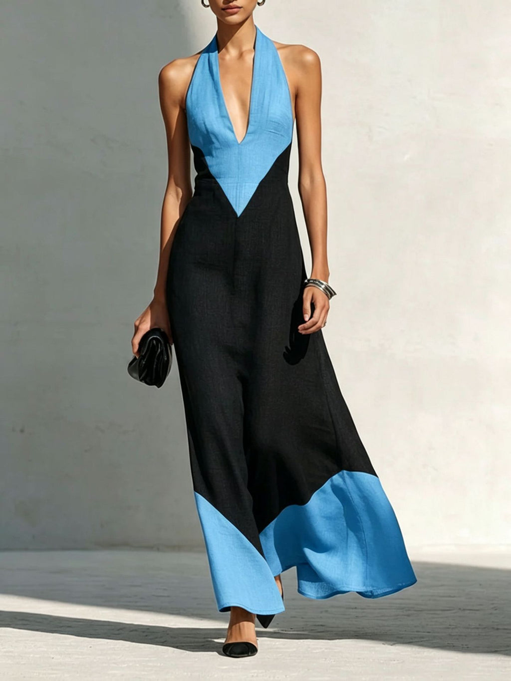 Damen Color-Block Slip Dress mit V-Ausschnitt – Bild 2 | LuxeStyle