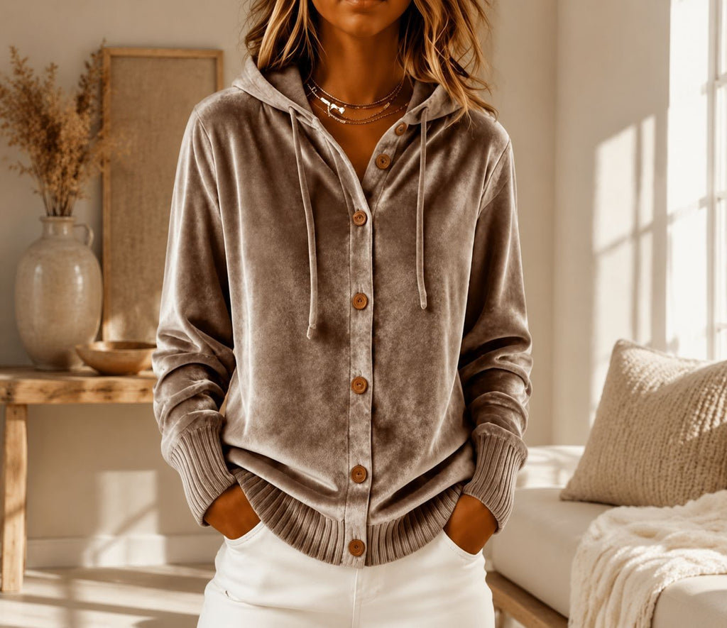 Samt-Cardigan mit Kapuze und Knöpfen – Ansicht 8