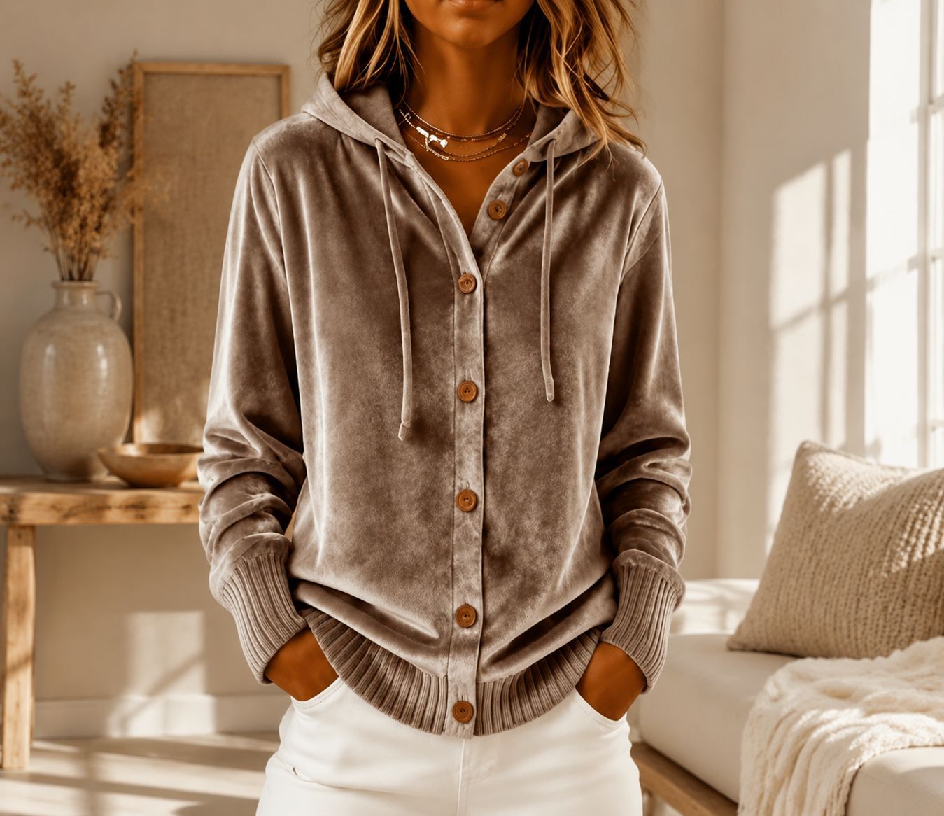 Samt-Cardigan mit Kapuze und Knöpfen – Ansicht 8