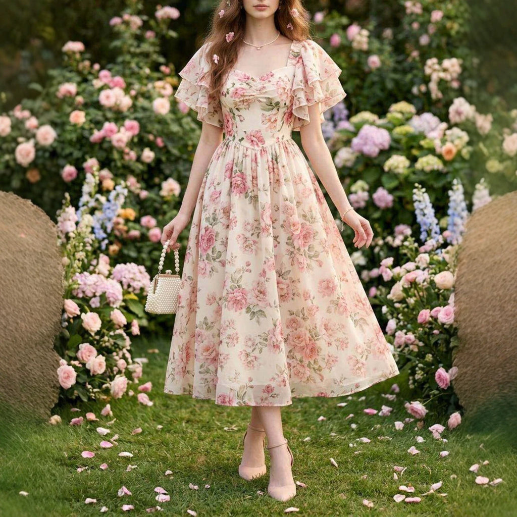 Blumenprint-Midi mit Volantsärmeln und A-Silhouette – Bild 2 | LuxeStyle