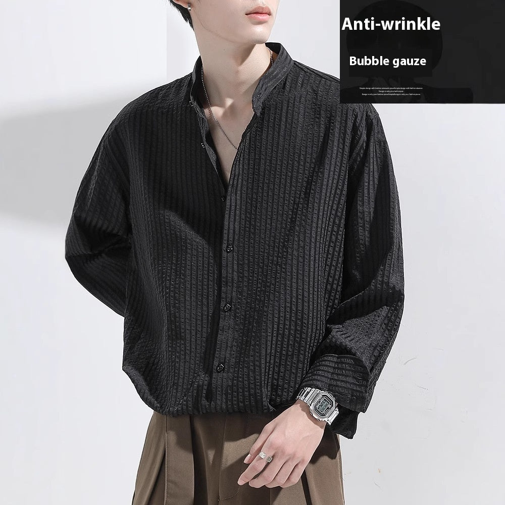 Herren Seersucker Langarmhemd Schwarz – Bild 2 | LuxeStyle