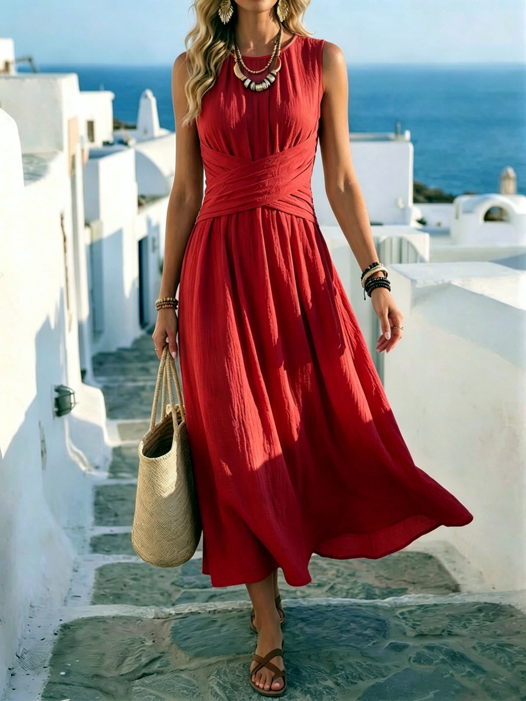 Ärmelloses Sommerkleid mit Wickelkragen