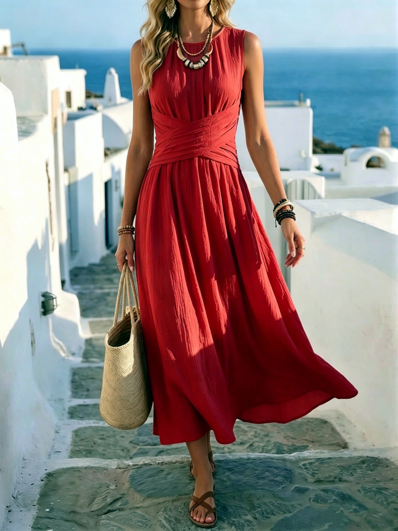 Ärmelloses Sommerkleid mit Wickelkragen