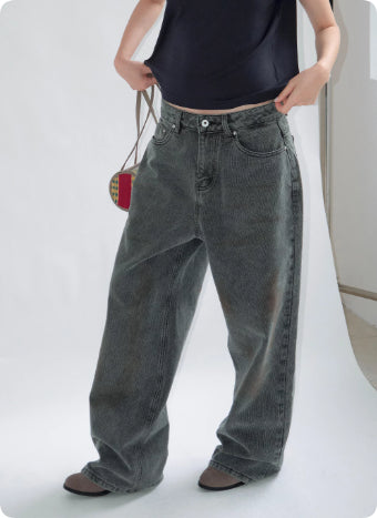 Smoke Grey Washed Denim Jeans Straight Tube