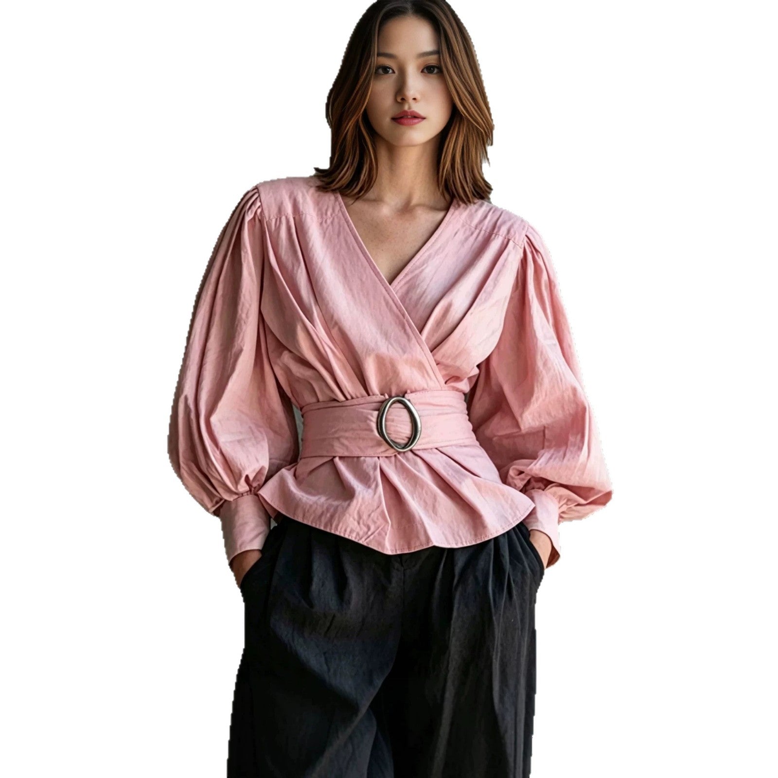 V-Neck Bluse mit Rüschen und Puffärmeln