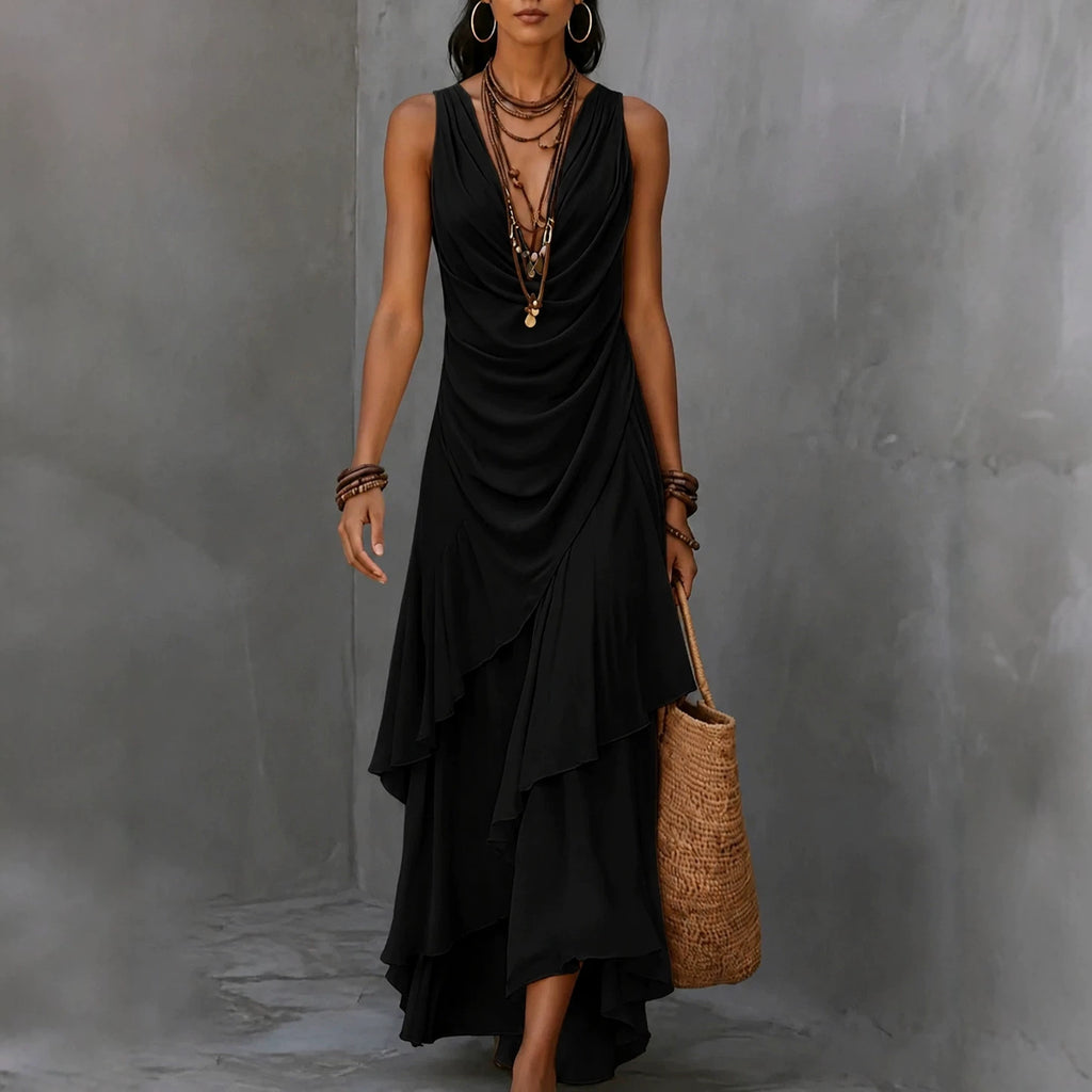 Ärmelloses V-Ausschnitt-Kleid mit Stufenrock