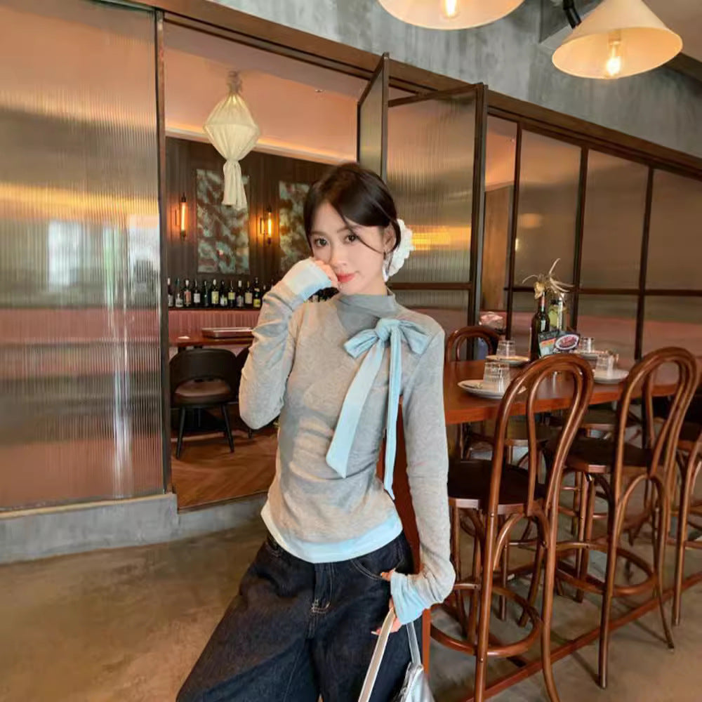 Langarm-T-Shirt mit Kontrastfarbe und Schleife – Ansicht 2