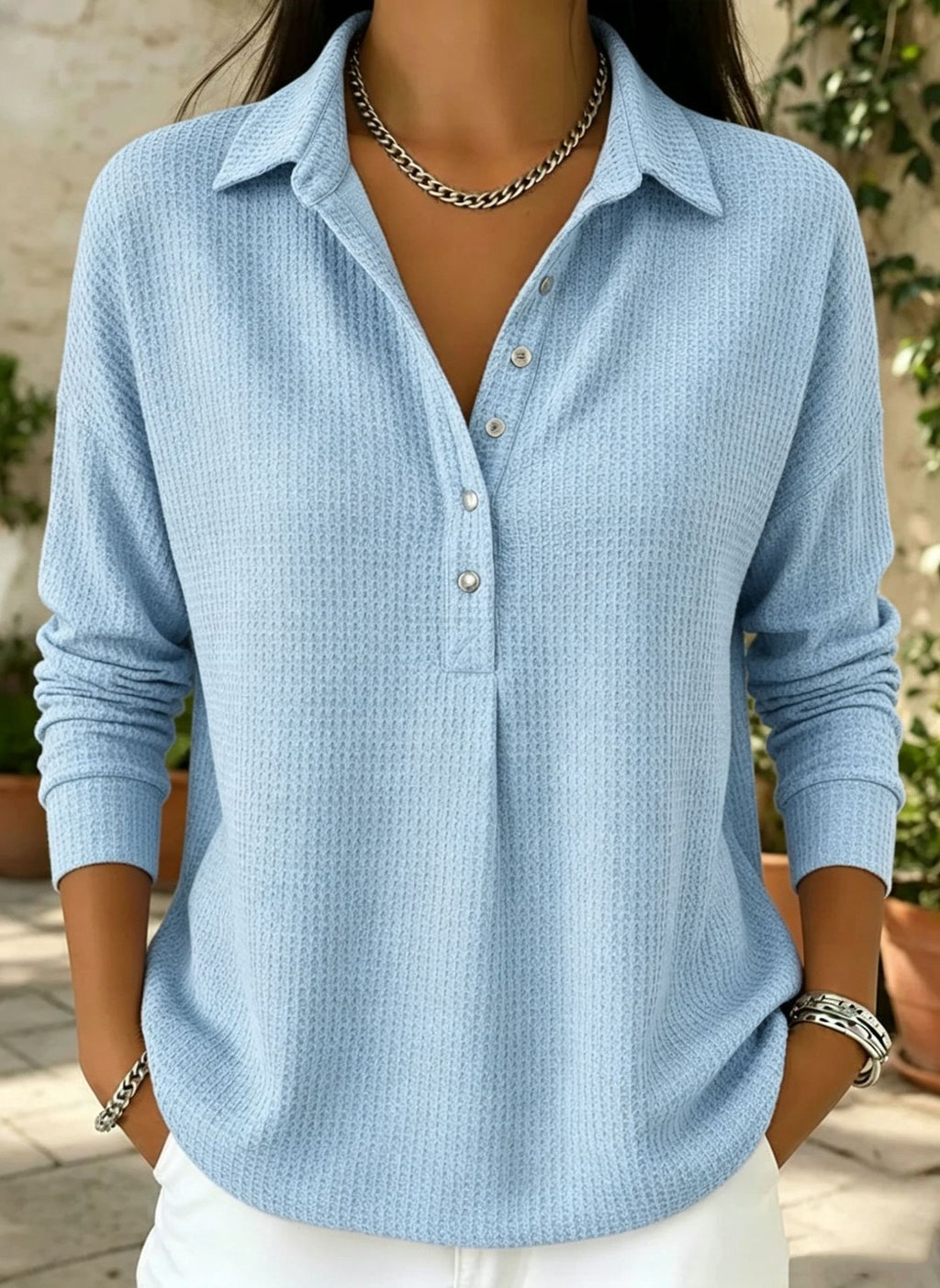 Einfarbige Waffelgewebe-Button-up-Hemd mit Kragen und Langarm