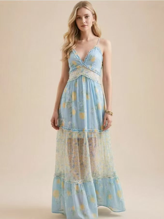 Geblümtes Chiffonkleid mit V-Ausschnitt