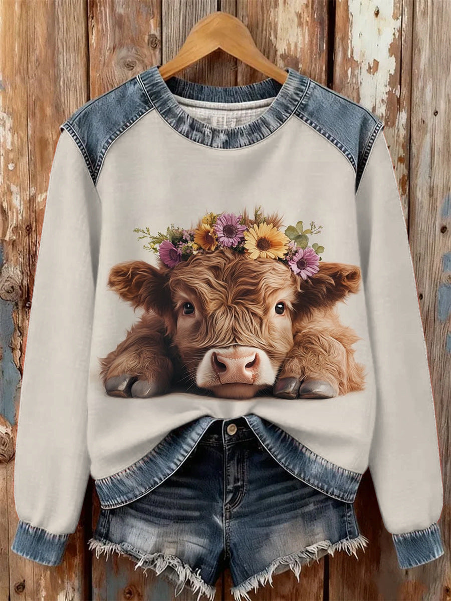 Blumen-Denim-Patchwork Hoodie für Damen