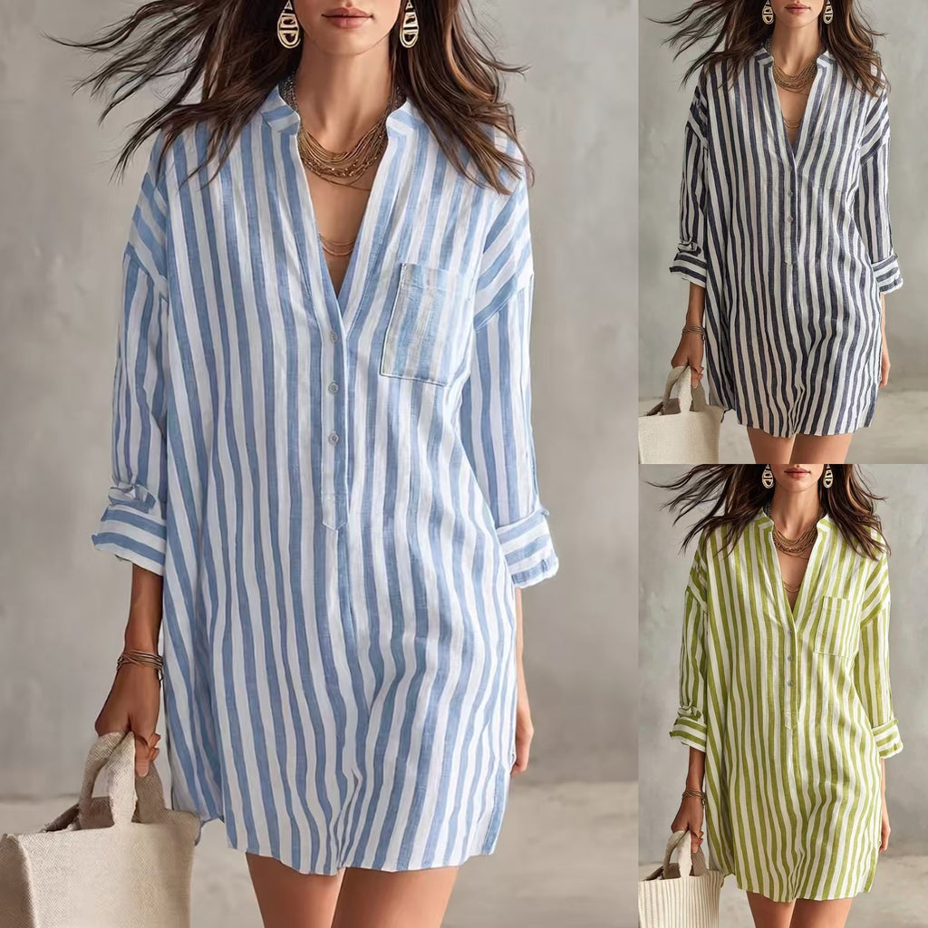 Gestreiftes Midi-Hemdblusenkleid mit V-Ausschnitt – Bild 6 | LuxeStyle