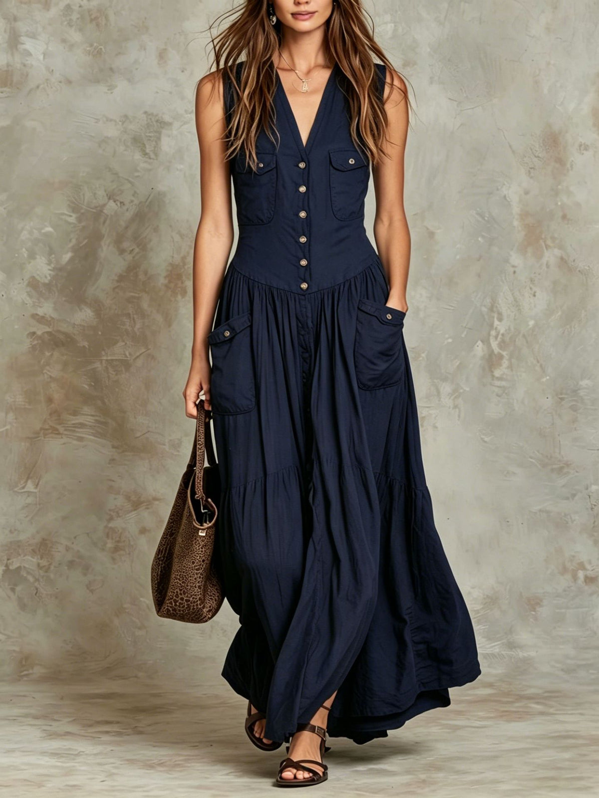 Ärmelloses V-Neck Vintage Kleid mit Knöpfen – Bild 10 | LuxeStyle