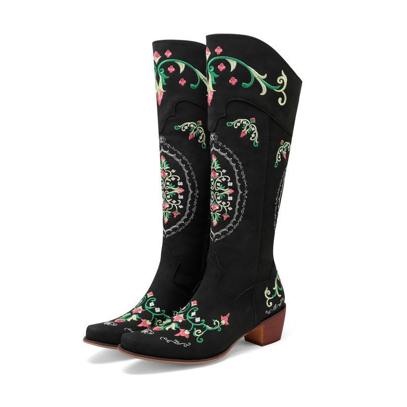 Chunky-Heel Retro Western Mid-Calf Boots