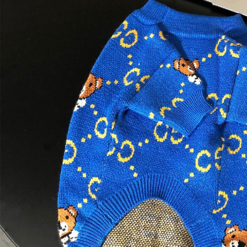 Wollpullover für Hunde – Blau mit Bär – Bild 2 | LuxeStyle