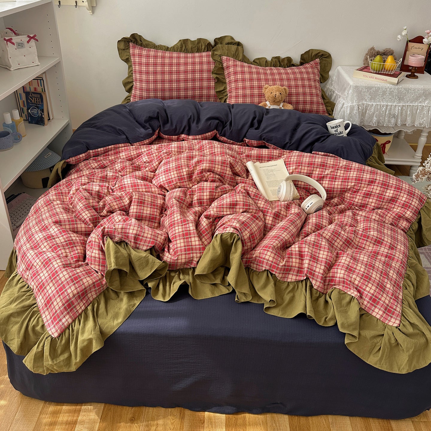 Vintage Preppy Bettwäsche-Set mit Spitze