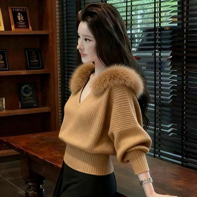 V-Ausschnitt Pullover mit Fellbesatz