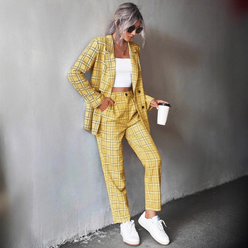 Kariertes Doppelreiher-Kurzblazer-Set
