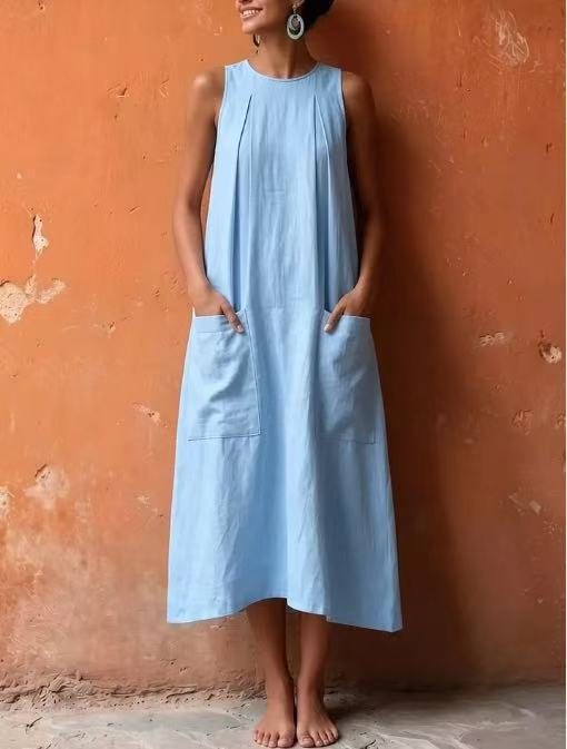Einfarbiger Kurzarm-Lockerkleid mit Taschen