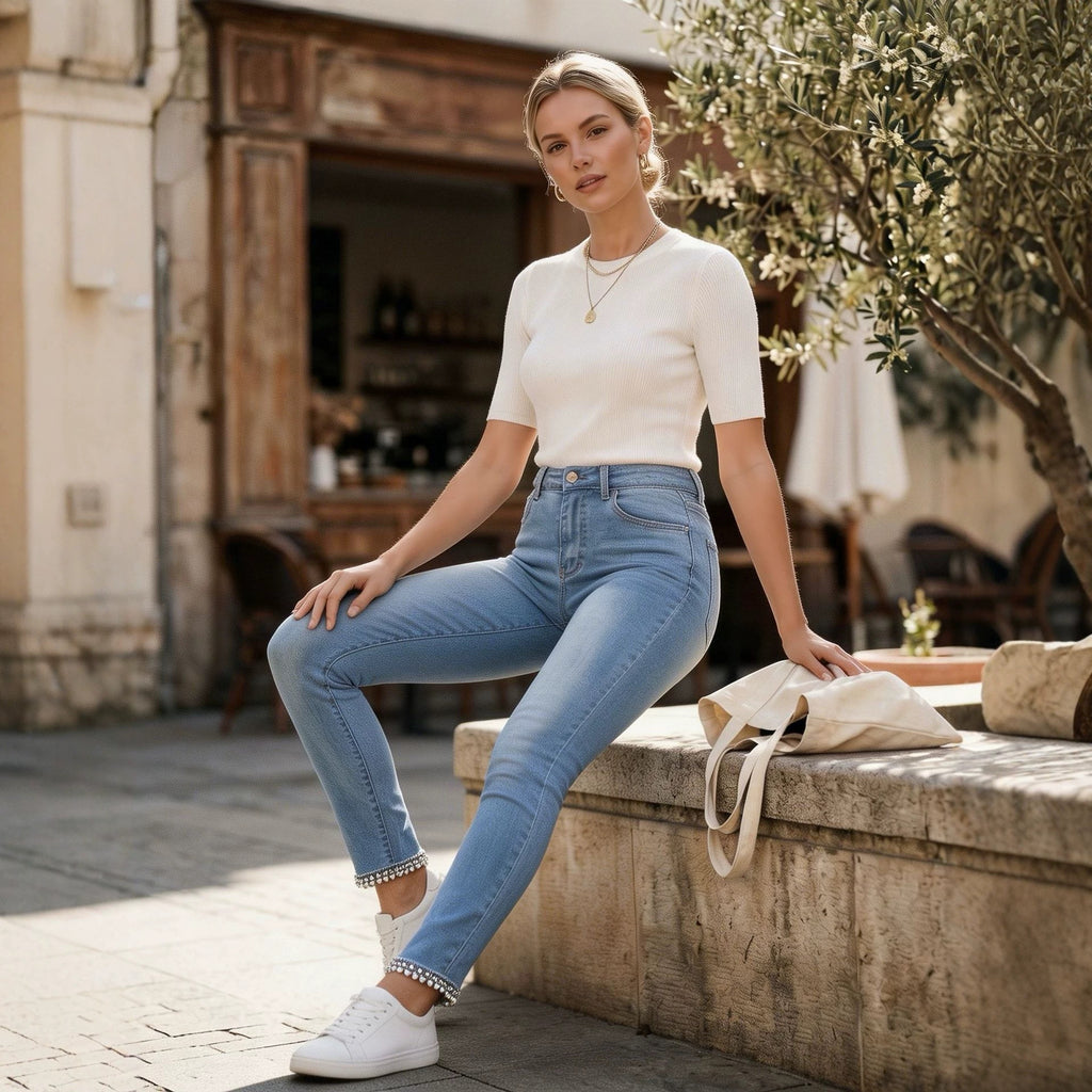 High-Waist Jeans mit Schleife & Strass