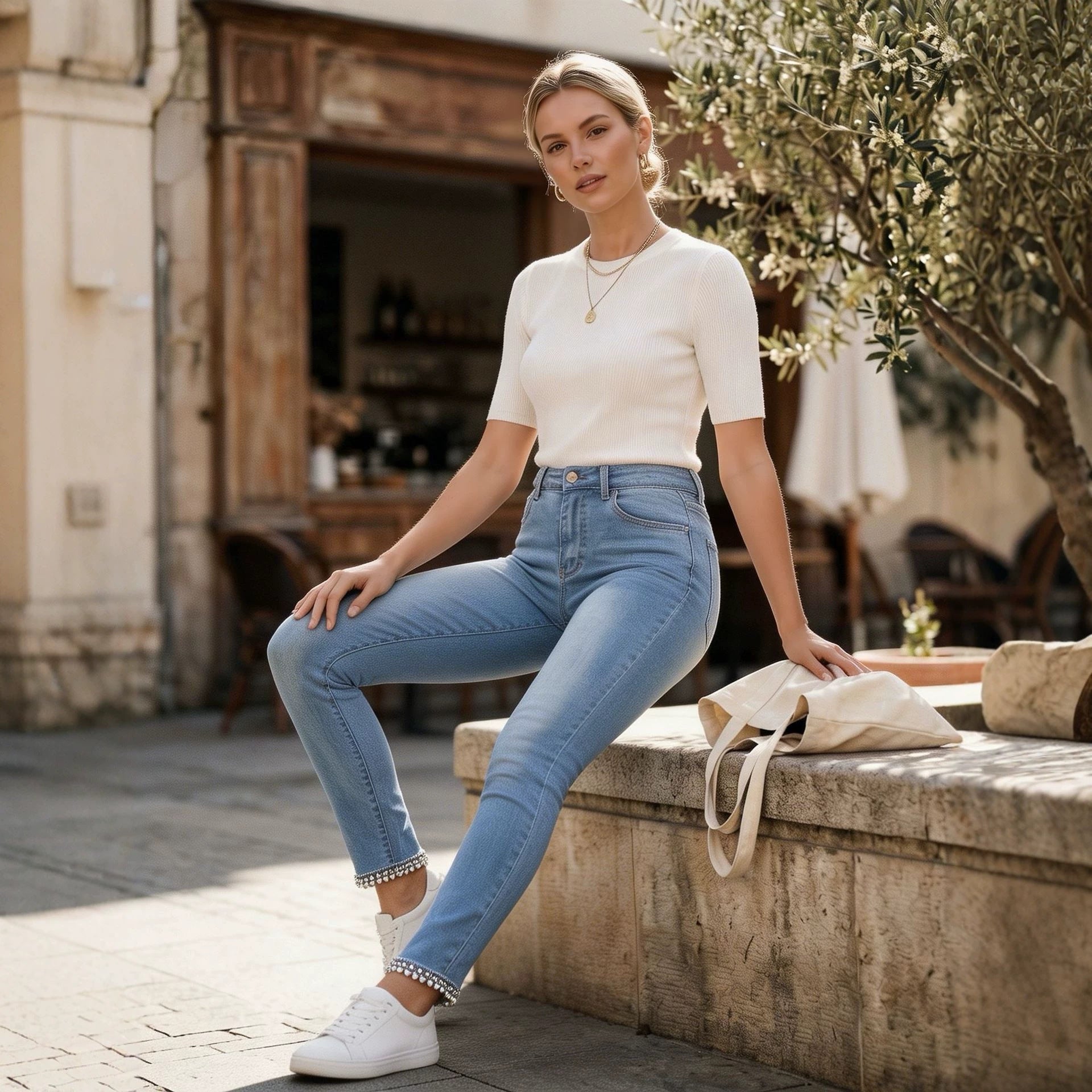 High-Waist Jeans mit Schleife & Strass