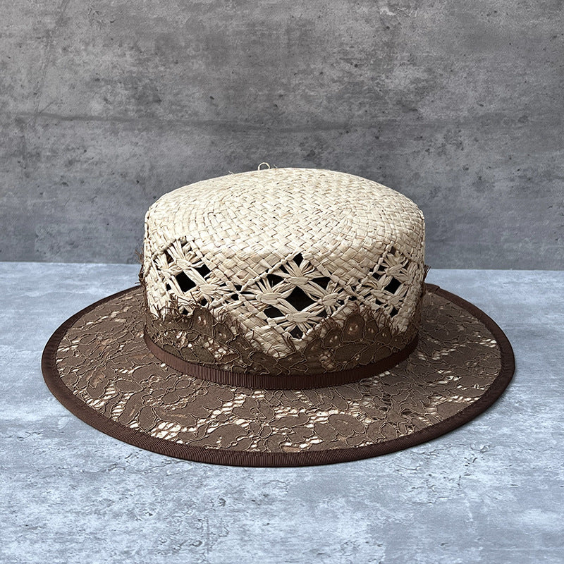 Handgestrickter Raffia Strohhut mit flacher Krone – Ansicht 2
