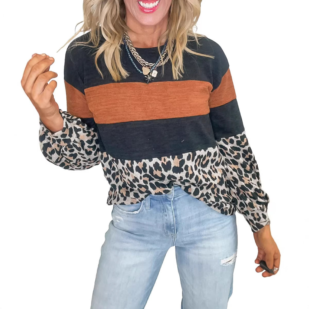 Lässiges Color-Block Sweatshirt mit Leopardenprint