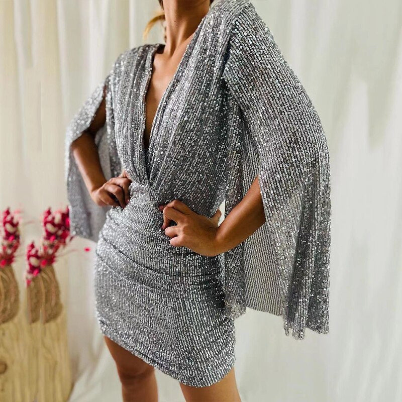 Pailletten Minikleid mit V-Ausschnitt & asymmetrischem Saum