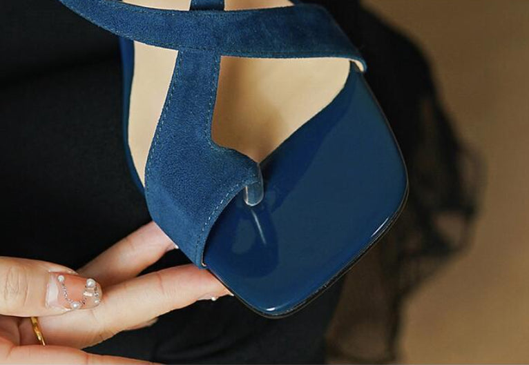 Apricotgelb-blaue Chunky Heel Cross-Strap Sandalen – Bild 16 | LuxeStyle