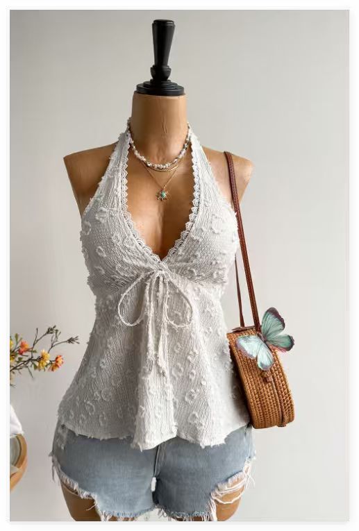 Neckholder Jacquard-Top mit V-Ausschnitt