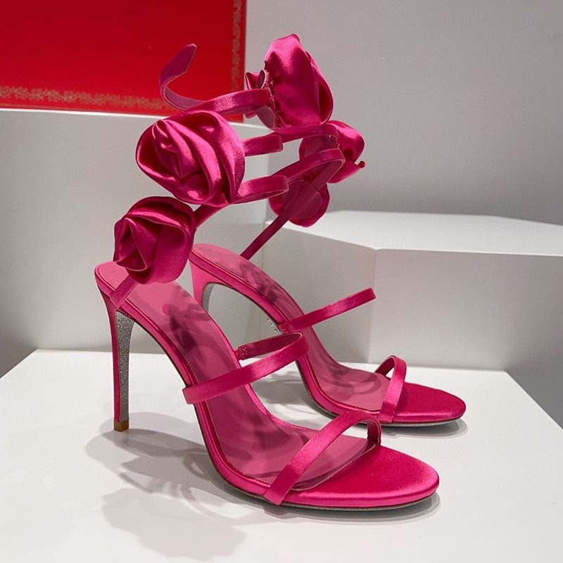 Satin-Sandalen mit Stilettoabsatz & Blumen | LuxeStyle