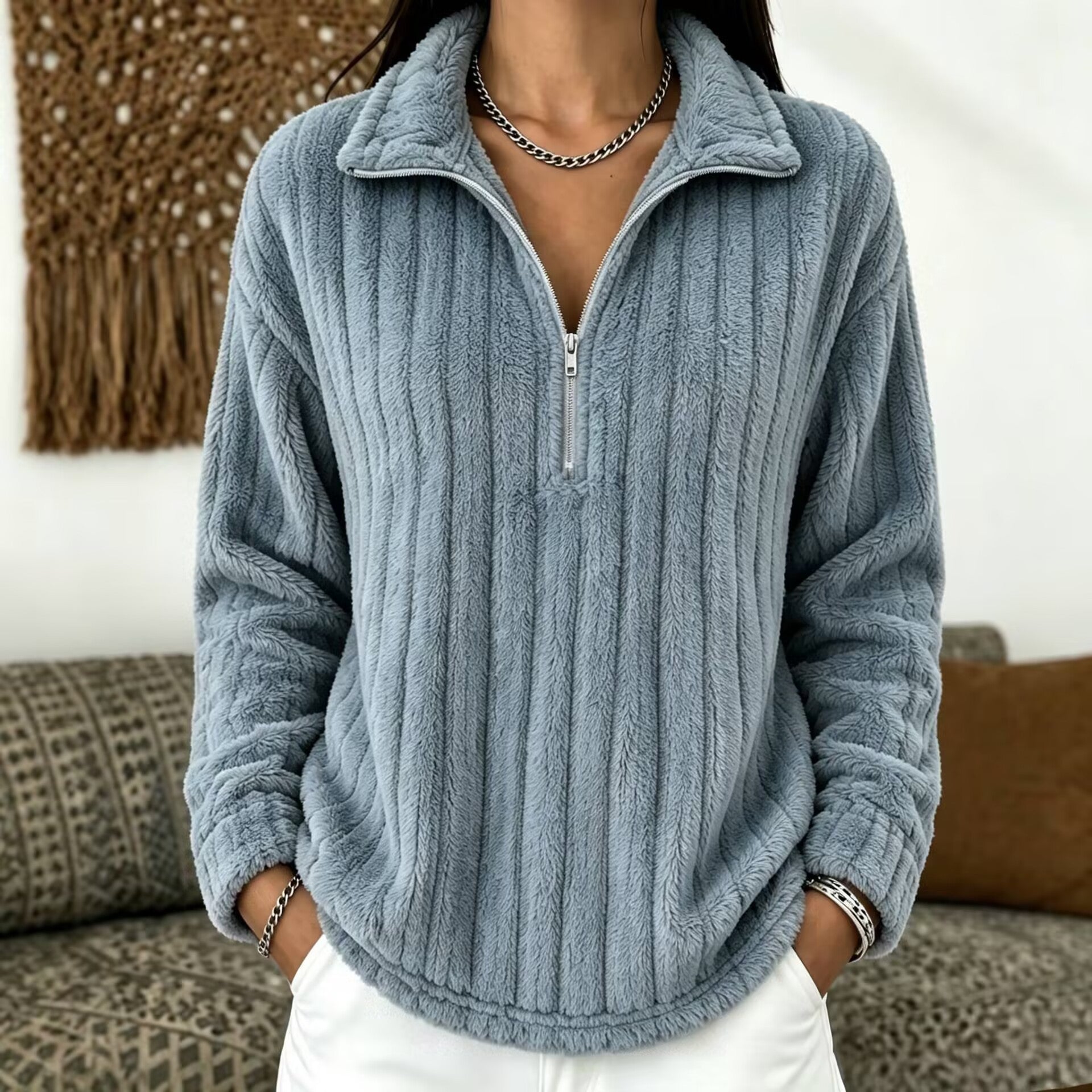 Plüsch-Kapuzenpullover mit Reissverschluss