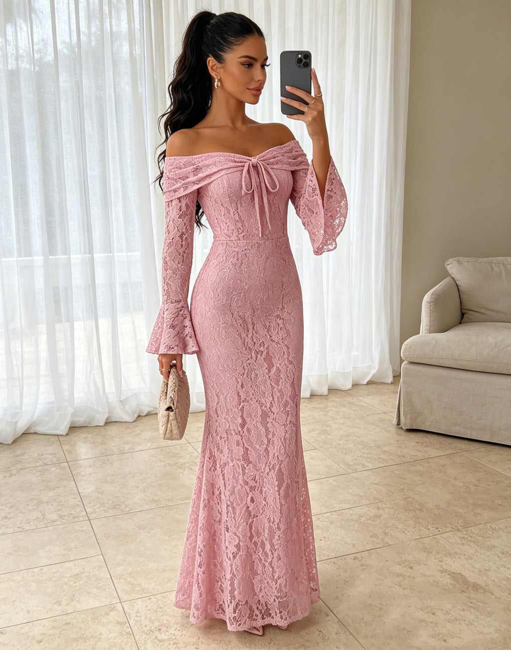 Damen Spitzenkleid Langarm Off-Shoulder | LuxeStyle