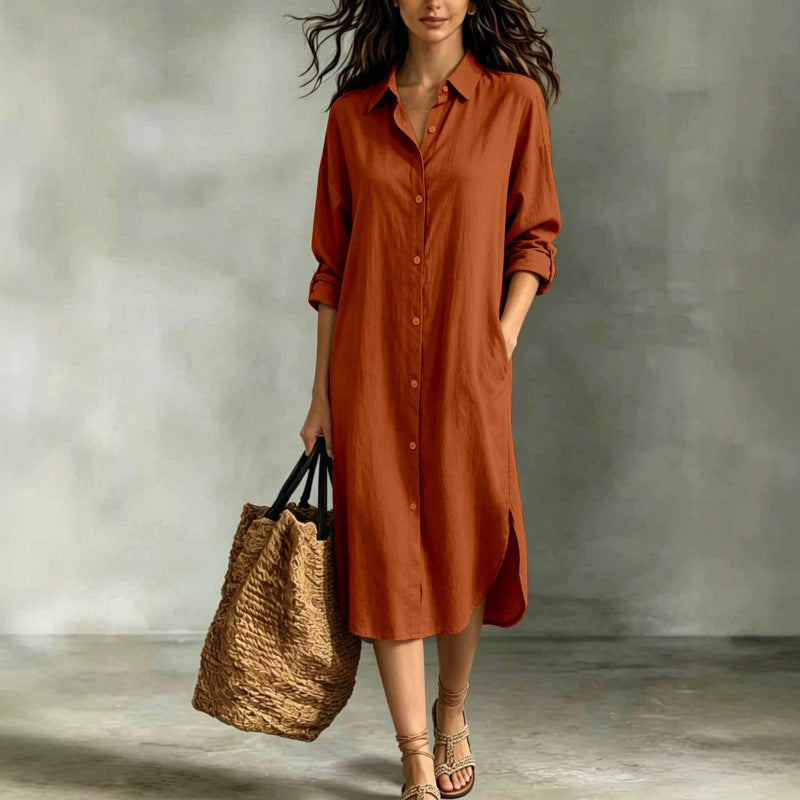 Leinen-Baumwoll Hemdblusenkleid mit Taschen – Bild 7 | LuxeStyle