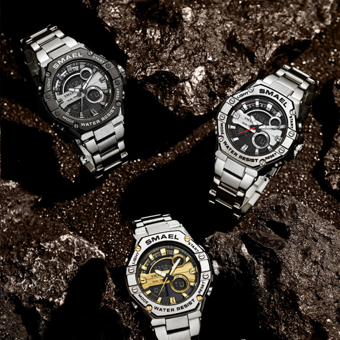 Herrenuhr mit Doppeldisplay und Edelstahlarmband