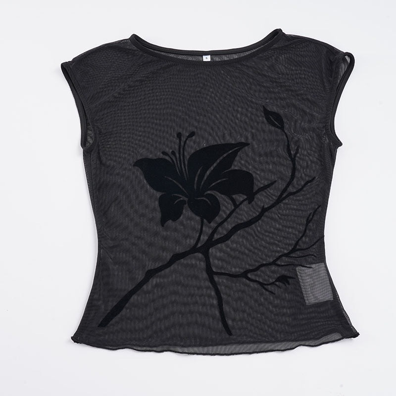 Mesh-Top mit Flockprint und kurzen Ärmeln – Bild 3 | LuxeStyle