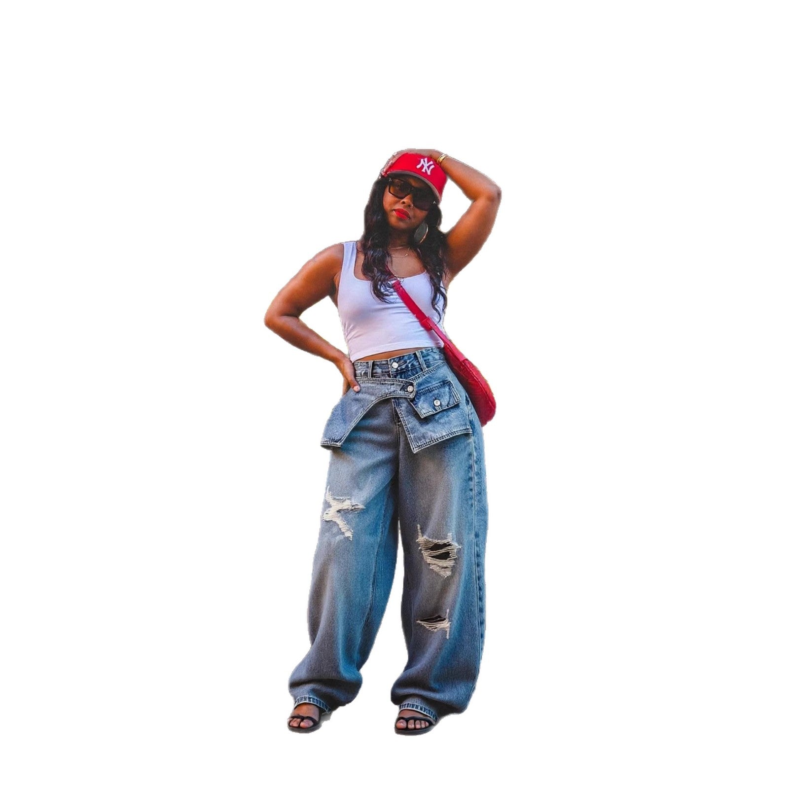 Damen Ripped Straight-Leg Jeans Blau Mid-Rise
