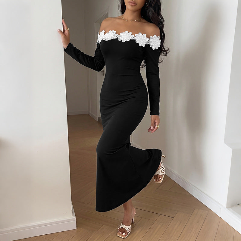 Elegantes Off-Shoulder Maxikleid mit Blumen-Patchwork