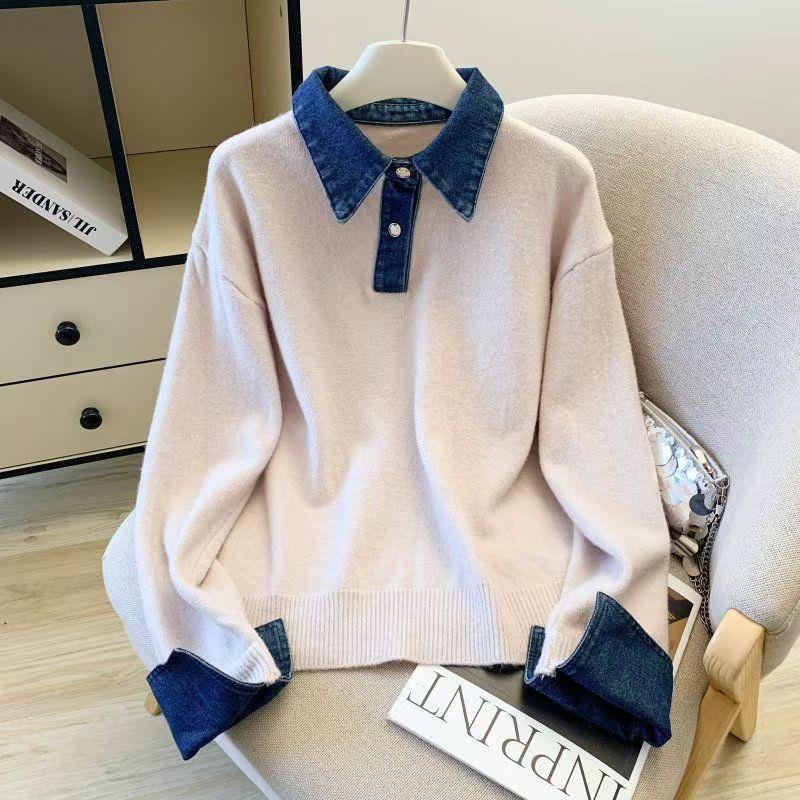 Denim-Patchwork Rollkragen-Pullover im Lagenlook