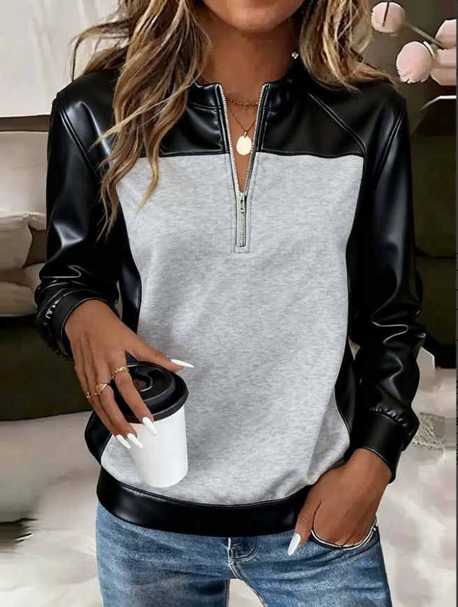 Damen-Hochkragen-Halbzipfel-Basisschicht-Langarmshirt in Kontrastfarbe