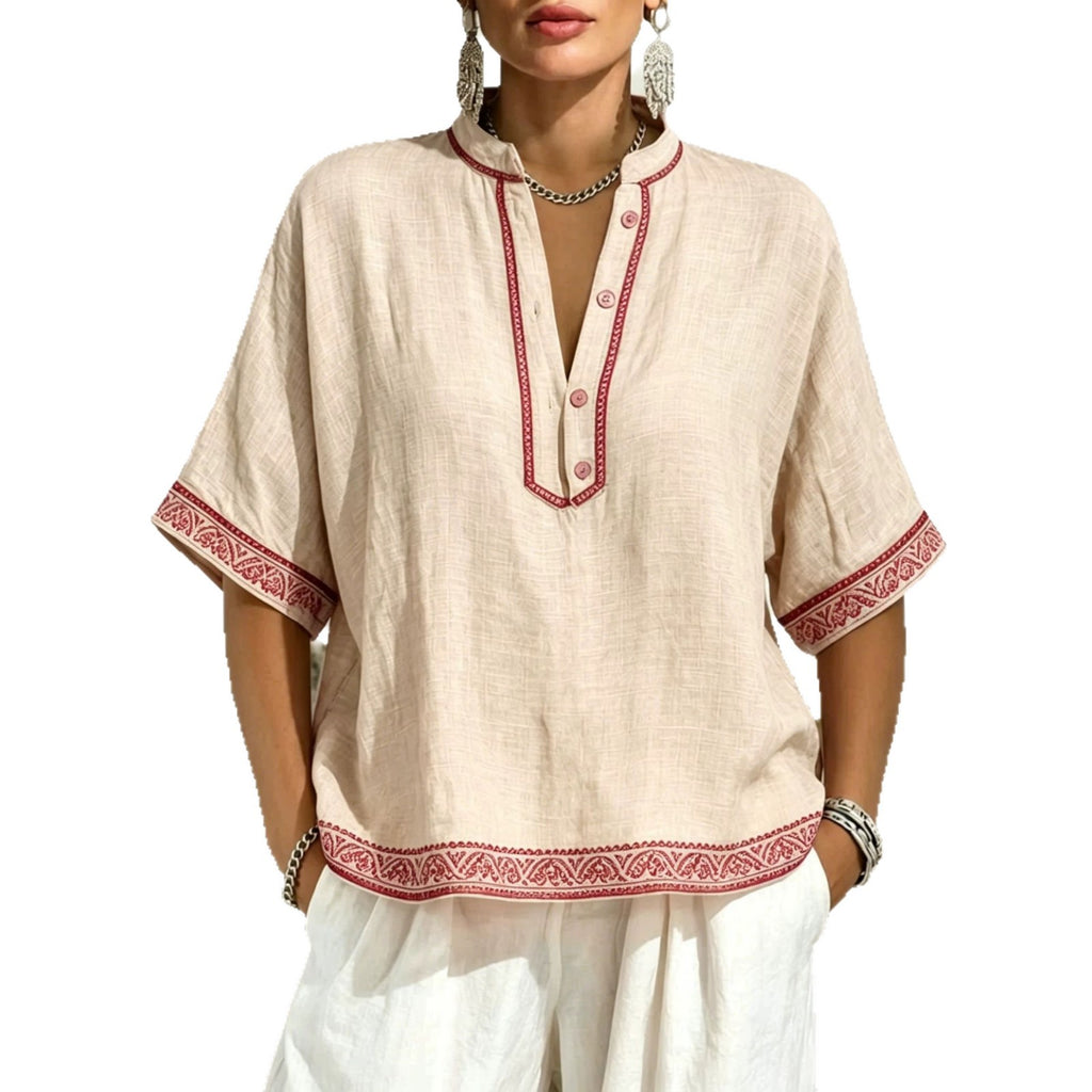 V-Neck T-Shirt mit Spitze und Knöpfen