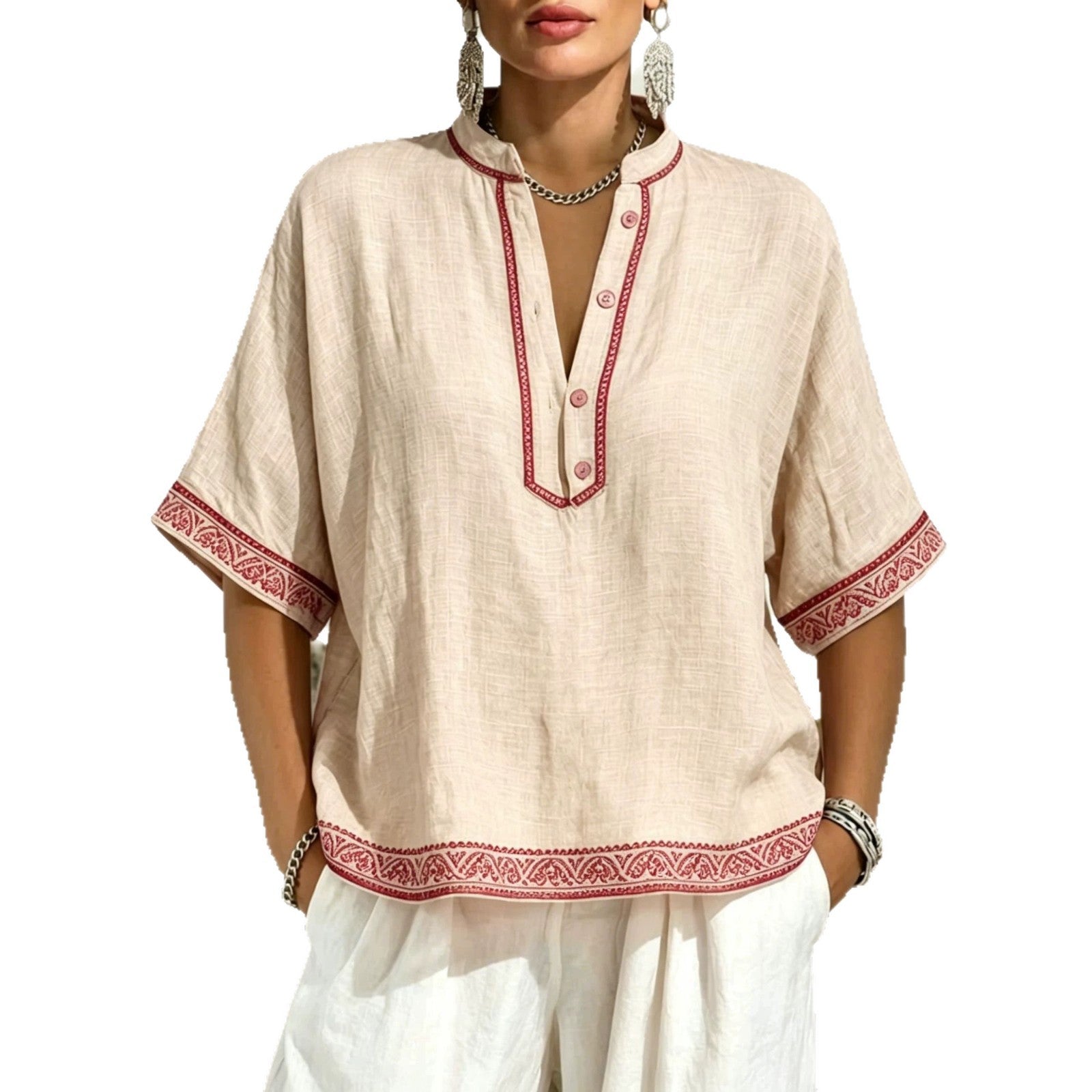 V-Neck T-Shirt mit Spitze und Knöpfen