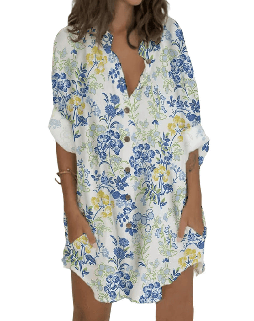 Midi-Hemdblusenkleid mit Blumenprint und Taschen